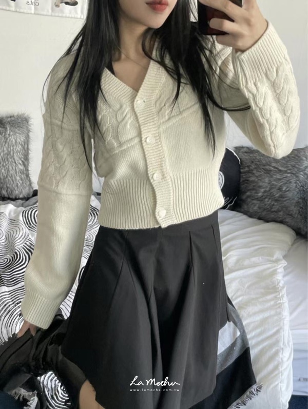 麻花混坑條V領外套
